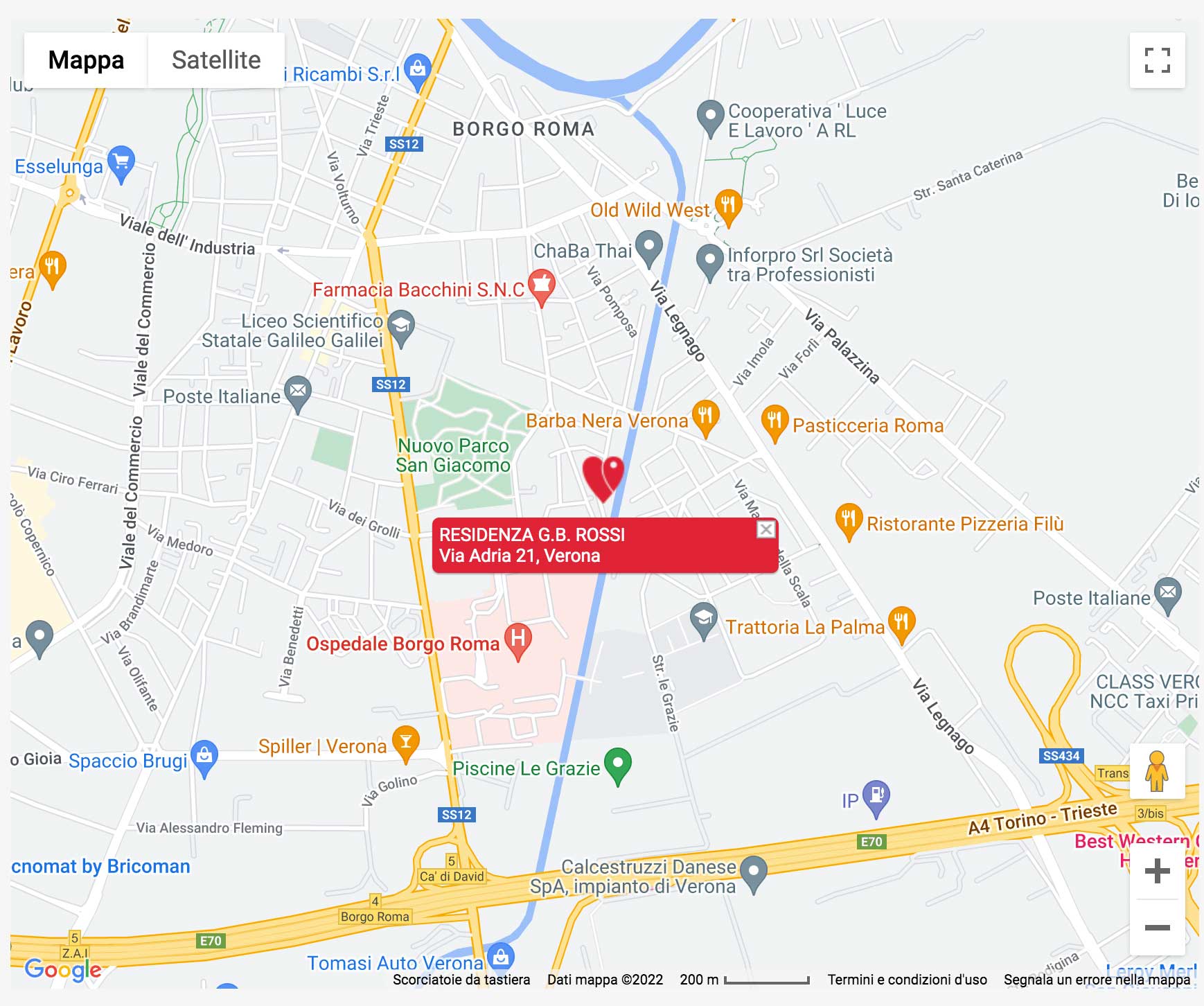 Mappa della Residenza G.B. Rossi, via Adria 21 in zona Borgo Roma a Verona